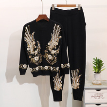 2020 Autumn 2 Piece Set Women Beading Embroidery Knitted Sets Sweater Trousers Pants Suit Winter Women Two Piece Set Tracksuits 2024 - buy cheap