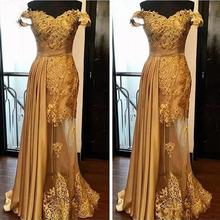 Elegant Off the Shoulder Gold Long Evening Dresses 2020 Mermaid Beads Lace Appliques Saudi Arabic Women Formal Prom Party Gown 2024 - buy cheap