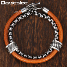 Davieslee Mens Leather Bracelet Stainless Steel Box Chain TO Buckle Clasp Brown Black Fashion Bracelets For Men DDLB70 2024 - buy cheap