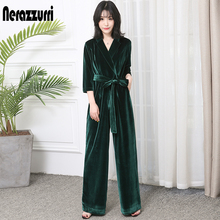 Nerazzurri Autumn Long Velvet Jumpsuit with Sleeves Sashe for Women 2022 Maxi Elegant Red Black Wide Leg floor length fashion 2024 - buy cheap