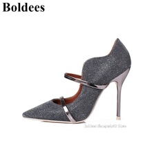 Fashion Pointed Toe Bling Bling High Heel Dress Shoes Woman Pumps Sexy Shallow Mouth Colorblock Straps Stylish Office Shoes 2024 - buy cheap