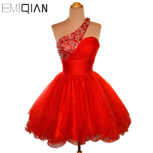 Classical Short Beaded Prom Dresses,Short Party Dress,Puffy Skirt One-shoulder Red Tulle Cocktail Dresses 2024 - buy cheap