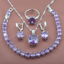 Round Purple Crystal Jewelry Set For Women Party Jewelry Silver Color Earring Necklace Pendant Ring Bracelet Sets YZ0223 2024 - buy cheap