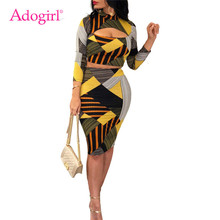 Adogirl Geometric Stripe Print Women Two Piece Set Dress Hollow Out Bust Turtleneck Long Sleeve Crop Top Bodycon Midi Skirt 2024 - buy cheap