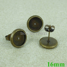 16mm Bronze tone Blank Earrings Bases Round Bezel Stud Pin Earrings Post w/ Stopper Earring Crafts Settings Findings Wholesale 2024 - buy cheap