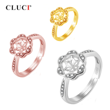 CLUCI Real 925 Sterling Silver Flower Ring Women Adjustable Rose Gold Zircon Pearl Ring Mounting Gift Jewelry SR2077SB 2024 - buy cheap