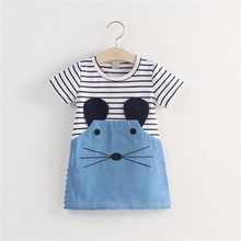 Summer New Striped Patchwork Character Girl Dresses Long Sleeve Cute Mouse Children Clothing Kids Girls Dress Denim Kids Clothes 2024 - buy cheap