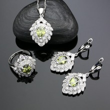 Conjunto de joyería nupcial de plata 925 para mujer, conjunto de anillo y collar con colgante de circonia cúbica verde oliva para boda, aretes de cristal blanco 2024 - compra barato
