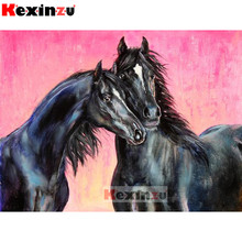 Kexinzu pintura de diamante quadrado, faça você mesmo, dois cavalos, mosaico 3d, diamante, bordado, decoração de sala de casamento, k6656 2024 - compre barato