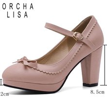 ORCHA LISA Women lolita High Heels Shoes PU leather mary janes Platform Pumps Lady Bow Buckle OL Dress Party thick heels size 46 2024 - buy cheap