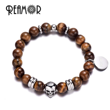 REAMOR Natural Tiger Eye Stone Beads Bracelet 316l Stainless Steel Skull Head Beads Elastic Balance Bracelets For Men Jewelry 2024 - buy cheap