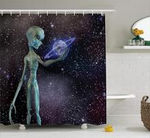 Cortina de ducha decorativa para el espacio exterior, estructura de tela con diseño de cuerpo alienígena, planeta en la Vía Láctea, grupos de estrellas, criatura alienígena, decoración de baño 2024 - compra barato
