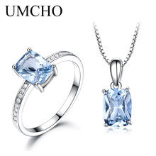 UMCHO Famous Gift 925 Sterling Silver Jewelry Created Sky Blue Topaz Rings And Necklace Elegant Birthday Gifts Fine Jewelry Sets 2024 - buy cheap