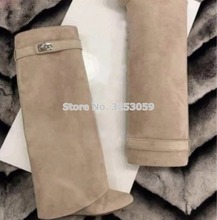 ALMUDENA Top Brand New Color Nude Suede Shark Lock Knee High Tall Boots Wedge Heels Folded Metal Decoration Long Boots Dropship 2024 - buy cheap