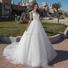 Tulle Ball Gown Wedding Dresses Half Sleeves O Neck Lace Appliques Button Illusion Court Train Vestido De Noiva Bridal Gowns 2024 - buy cheap