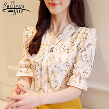 2019 Women short chiffon shirts Chiffon five point Flare sleeve V-neck Printed chiffon top loose shirt Fresh Lady blouse 3051 50 2024 - buy cheap