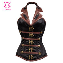 Corsé de cuero de imitación para cuello Halter, corpiño de estilo Steampunk, con hueso de acero, color negro, satinado y marrón 2024 - compra barato