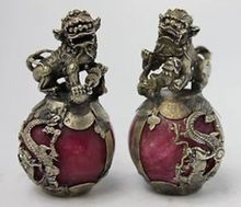 A Pair of Elaborate Vintage Chinese Handmade Copper Dragon Kirin Inlaid with Artificial Old Jade Statues 2024 - buy cheap