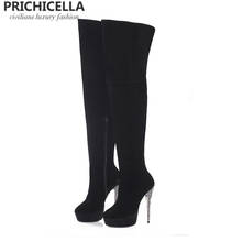 PRICHICELLA black suede glitter stiletto heel platform thigh high boots genuine leather long boots size34-42 2024 - buy cheap