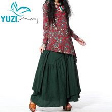 2017 Yuzi New Vintage&Retro Ethnic Elegant Skirts Floral Embroidery Swing Hem Asymmetric Cotton Green Women Skirt X3017 saia 2024 - buy cheap