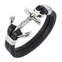 Fashion Stainless Steel Cross Anchor Buckle Black Leather Bracelet Men Charm Bangles Jewelry Male Wrist Band Gifts 2024 - buy cheap