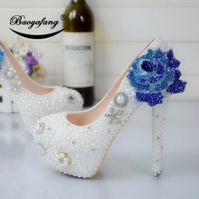 Zapatos de boda para mujer, calzado de vestir de fiesta nupcial con perlas blancas, zapatos de plataforma de tacón alto con flores azules reales, novedad de 2019 2024 - compra barato