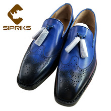 Sipriks Luxury Mens Italian Patina Blue Leather Leafers With Tassels Classic Carved Brogues Goodyear Slip On Wingtip Dress Shoes 2024 - buy cheap