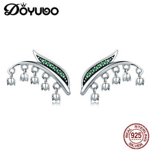 DOYUBO Vintage Women's Real Silver Stud Earrings Green Cubic Zirconia Wind Chime & Leaf Earrings Lady Fashion Jewelry AFF030 2024 - buy cheap