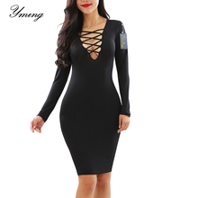 Yming-vestido ajustado de manga larga para mujer, prenda Sexy ajustada con cuello entrecruzado, para fiesta y Club 2024 - compra barato