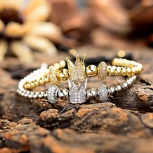 Pulseira masculina de coroa de ouro com zircônia cz branca, pulseira trançada com roda de cobre, bracelete para mulheres ab1295 2024 - compre barato