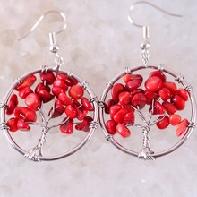 Natural Stone Red Coral Dangle Earrings For Women Zinc Alloy Wire Wrap Tree of Life Dangle Earrings Jewelry Gift 2024 - buy cheap