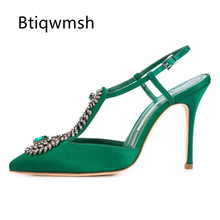 2019 Newest Rhinestone Satin Sandals Women Pointed Toe luxury Green Crystal T-strap Thin Heels Shoes Woman Sexy Wedding Shoes 2024 - buy cheap