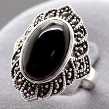 Hot sale new Style >>>> Vintage 17X22MM Oval Black stone Marcasite 925 Sterling Silver Ring 7/8/9/ 2024 - buy cheap