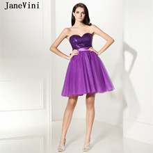 JaneVini Elegante UMA Linha Curta Vestidos Homecoming 2019 Querida Mangas de Paetês Roxo Big Bow Voltar Tulle Mini Prom Vestidos 2024 - compre barato