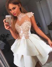 Homecoming Dresses A-line High Collar Cap Sleeves Tiered Satin Lace Short Mini Elegant Cocktail Dresses 2024 - buy cheap