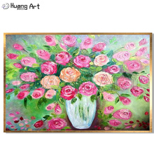 New Style Hand-painted Modern Rose Oil Painting on Canvas for Bed Room Decor Handmade Knife Pink Flower Vase Hang Painting 2024 - buy cheap