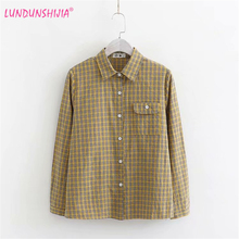 LUNDUNSHIJIA Women Cotton Plaid Blouse 2019 New Arrival Spring Women Casual Long-sleeved Loose Shirt Blusas Femininas 2024 - buy cheap