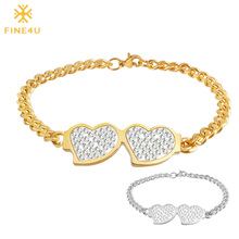 FINE4U B083 Zircons Heart Charm Bracelet For Women Gold/Silver Color 316L Stainless Steel Chain Bracelet Lover Jewelry Gift 2024 - buy cheap