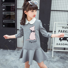 Cotton children's clothing 2018 spring and autumn long-sleeved girl dress gray cartoon lapel princess dress 4-14 years old 2024 - buy cheap