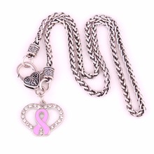 Collar con colgante de corazón y cristal para mujer, cadena de eslabones de trigo, garra de langosta, lazo de esmalte rosa, concientización sobre el cáncer de mama, 18 ", envío directo 2024 - compra barato