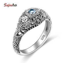 Szjinao anel azul-marinho com flor esparta, prata esterlina 925 pura, joia vintage para casamento para mulheres ol 2024 - compre barato