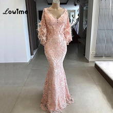 Feather Lace Pink Arabic Evening Dresses 2019 New Couture Mermaid Party Dress With Jacket Prom Gowns V Neck Middle East Formal 2024 - buy cheap