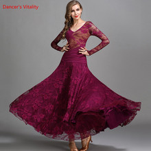 Vestido de dança de salão, roupa de performance, renda chiffon, vestido folgado grande, mulheres, fantasia latina de competição de valsa 2024 - compre barato