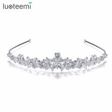 LUOTEEMI Luxo Princesa Rainha Pageant Limpar CZ Flor Headband para Coroas Tiara De Cristal De Noiva Casamento Acessórios Para o Cabelo 2024 - compre barato