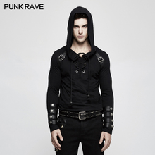 PUNK RAVE Mens Black Steampunk Hooded Tops Shirt Fashion Military Long Sleeve Hip Hop Street Sweater Mens T-shirt 2024 - buy cheap