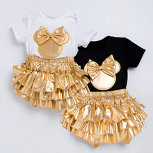 Fashion Baby girls clothes short sleeves tops bowtie romper+shorts dress+headband 3pcs Infant baby girls clothes sets 2024 - buy cheap