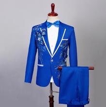 Blazer masculino com lantejoulas, azul, vermelho, conjunto de terno para noivo com calças, casamento, slim, estilo cantor, estrela, roupa de palco, vestido formal 2024 - compre barato