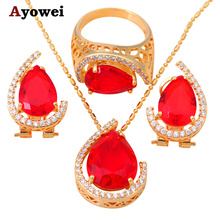 Red Garnet  Gold tone AAA Zirconia Health Nickel & Lead free Earring Necklace Ring sz #7 #8.5 #9 Jewelry Set JS304A 2024 - buy cheap