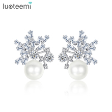 LUOTEEMI Fashion Stud Earrings for Women Simulated-pearl Wedding Party Shiny CZ Double Colors Jewelry Pendientes Christmas Gift 2024 - buy cheap