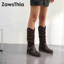 ZawsThia-Botas de estilo gótico punk para mujer, botines plisados con punta redonda y tacón bajo cuadrado, de media caña, talla grande 43 44 45, invierno, 2020 2024 - compra barato